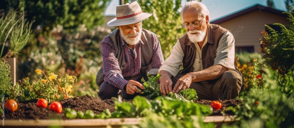Fototapeta premium Two Elderly Men Working in Their Garden