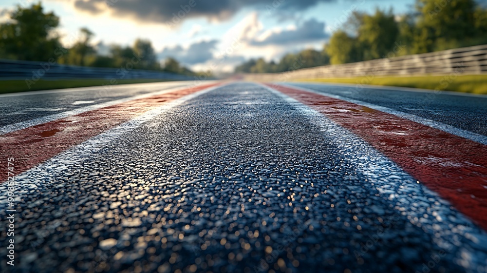 Close-Up of Wet Asphalt Road with Red and White Stripes on a Race Track Under a Dramatic Sky Close-Up of Wet Asphalt Road with Red and White Stripes on a Race Track Under a Dramatic Sky