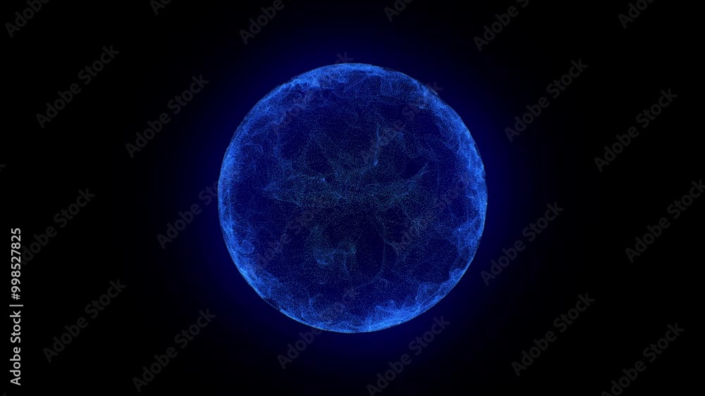 Blue Energy Ball of Particles and Waves on Black Background. Magic Glowing Sphere. Colored Abstract Matter. Electric Plasma. The Concept of AI Visualization. Blue Energy Ball of Particles and Waves on Black Background. Magic Glowing Sphere. Colored Abstract Matter. Electric Plasma. The Concept of AI Visualization.