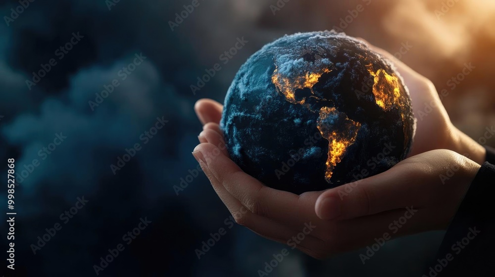 A person holds a glowing Earth, symbolizing hope and responsibility for our planet amidst a dramatic, smoky background. A person holds a glowing Earth, symbolizing hope and responsibility for our planet amidst a dramatic, smoky background.