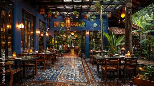 Cozy Tropical Restaurant Interior with Lush Plants