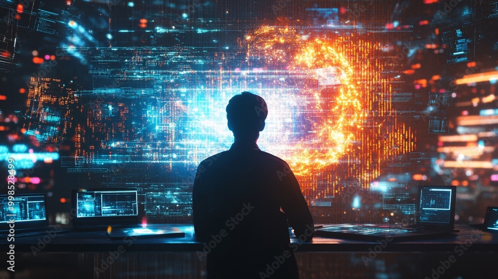 A high-tech marketer monitors glowing holographic data streams, where AI-powered insights A high-tech marketer monitors glowing holographic data streams, where AI-powered insights
