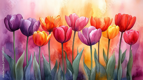Wiosenne tulipany, piękny kwiatowy wzór, akwarela, tapeta generative ai  © Elżbieta Kaps