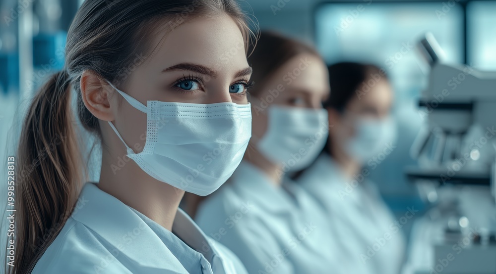 Group of Young Female Scientists Wearing White Coats and Medical Masks in a Laboratory Setting, Symbolizing Innovation and Hope in Scientific Research Group of Young Female Scientists Wearing White Coats and Medical Masks in a Laboratory Setting, Symbolizing Innovation and Hope in Scientific Research