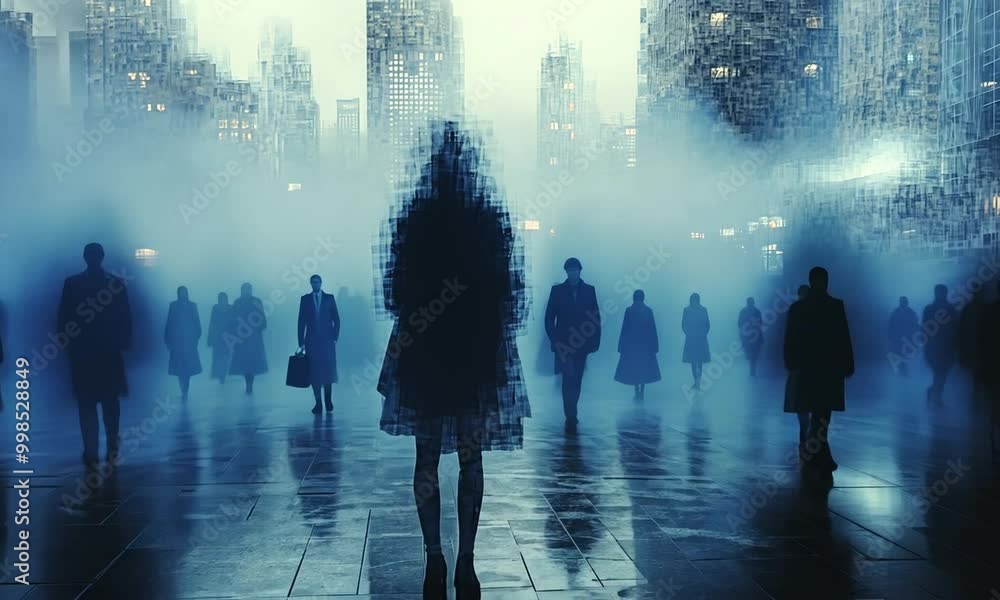 A foggy urban scene with shadowy figures in silhouettes. A foggy urban scene with shadowy figures in silhouettes.