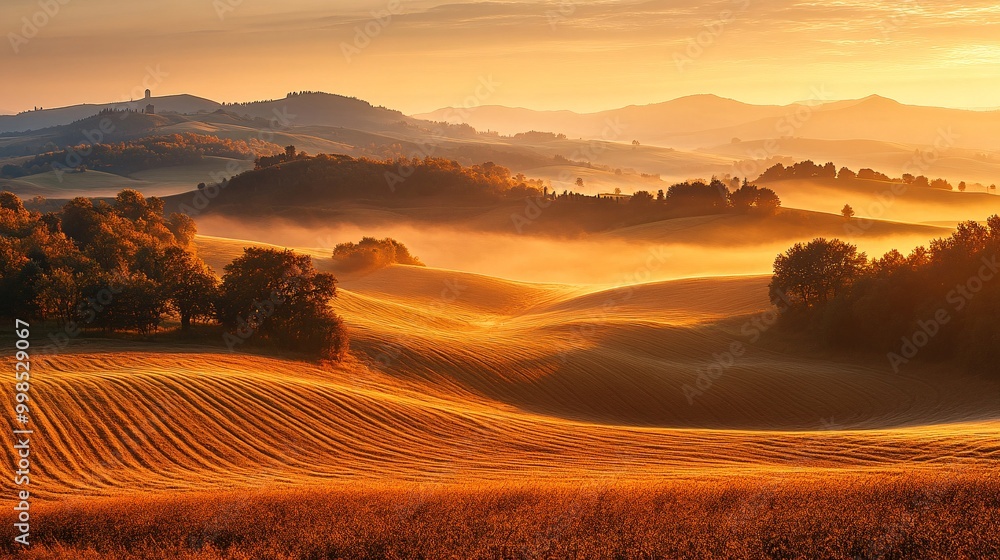 Obraz premium Golden Sunrise Over Rolling Hills with Mist and Trees in a Serene Countryside Landscape