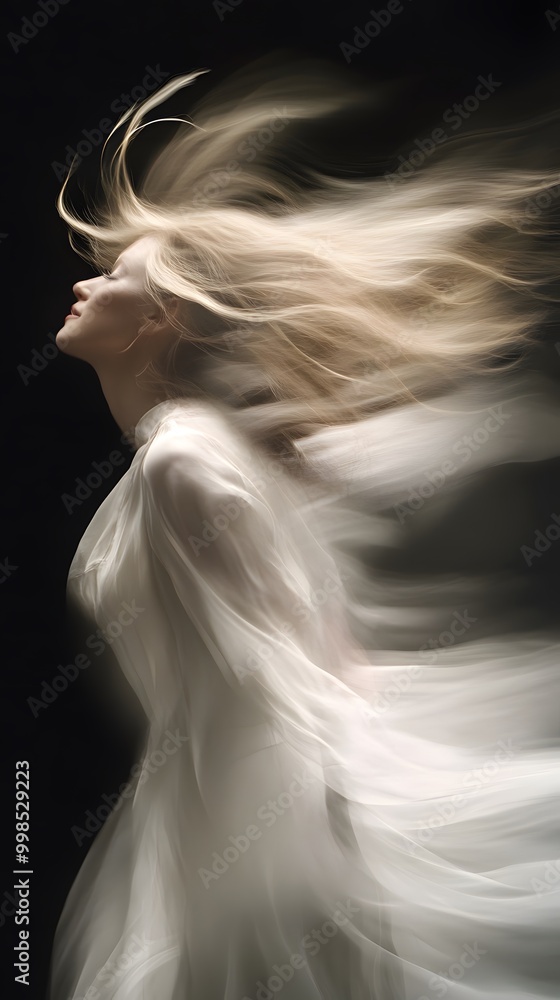 A close-up of the dancing blonde girl in white flowing fabric, her hair and swirling around like an elegant ballet on a black background A close-up of the dancing blonde girl in white flowing fabric, her hair and swirling around like an elegant ballet on a black background
