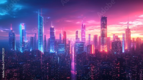 Wallpaper Mural Futuristic Neon Cityscape at Dusk with Skyscrapers and Vibrant Lights Illuminating the Urban Skyline Torontodigital.ca