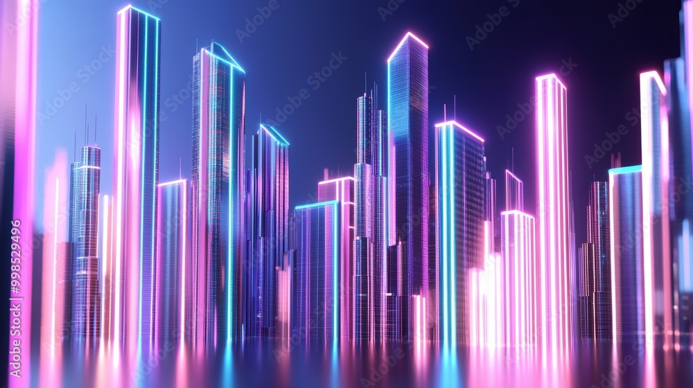 An abstract cityscape with vertical lines of neon light flowing upward, creating a vibrant, futuristic metropolis. An abstract cityscape with vertical lines of neon light flowing upward, creating a vibrant, futuristic metropolis.