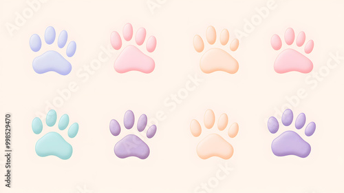 Minimal pastel paw print set of icons with rounded edges and soft colors isolated on a light background