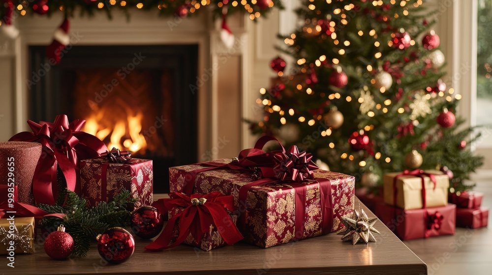 Luxurious Holiday Gift Wrapping Station with Christmas Tree and Cozy Fireplace in Chic Living Room Luxurious Holiday Gift Wrapping Station with Christmas Tree and Cozy Fireplace in Chic Living Room