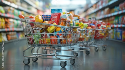 Shopping cart filled with items and groceries ready for purchase. Supermarket trolley full of goods