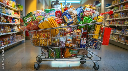 Shopping cart filled with items and groceries ready for purchase. Supermarket trolley full of goods