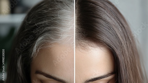 Woman's hair before and after coloring, showing a dramatic transformation from gray to brown.