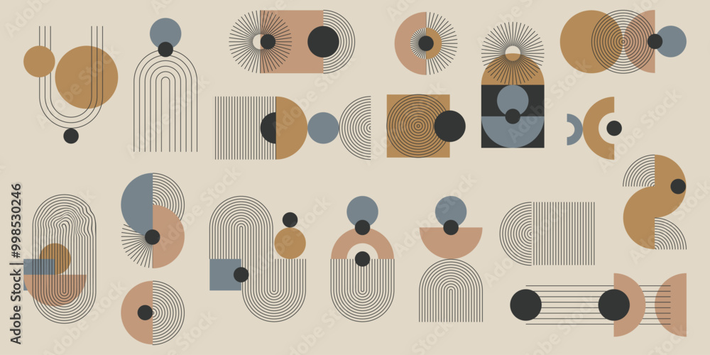 Obraz premium Monochromatyczny zestaw abstrakcyjnych elementów z kolorystycznym akcentem. Geometryczne kształty w paski, minimalistyczne cienkie linie, łuki, elipsy, kwadraty. Ilustracja wektorowa.