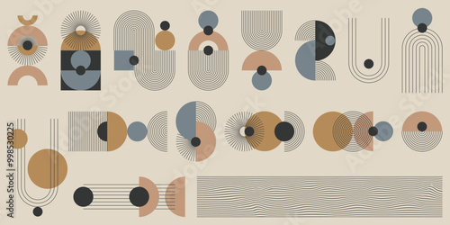 Monochromatyczny zestaw abstrakcyjnych elementów z kolorystycznym akcentem. Geometryczne kształty w paski, minimalistyczne cienkie linie, łuki, elipsy, kwadraty. Ilustracja wektorowa.