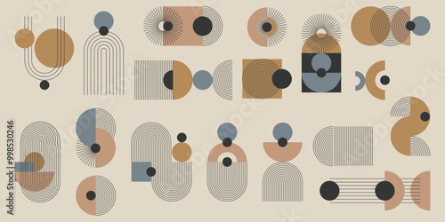 Monochromatyczny zestaw abstrakcyjnych elementów z kolorystycznym akcentem. Geometryczne kształty w paski, minimalistyczne cienkie linie, łuki, elipsy, kwadraty. Ilustracja wektorowa.