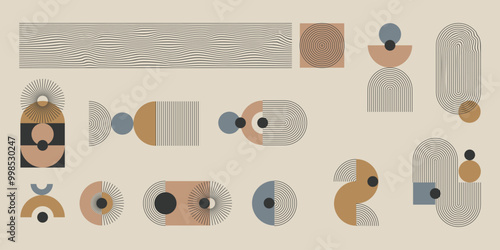 Monochromatyczny zestaw abstrakcyjnych elementów z kolorystycznym akcentem. Geometryczne kształty w paski, minimalistyczne cienkie linie, łuki, elipsy, kwadraty. Ilustracja wektorowa.