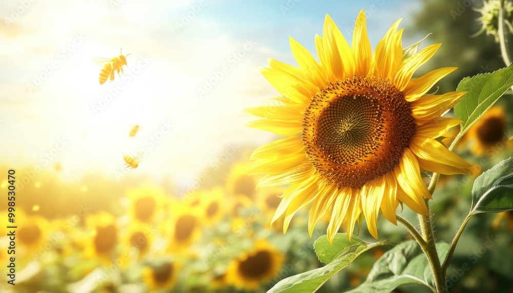 Fototapeta premium Sunflower Field with Bees in Bright Sunlight