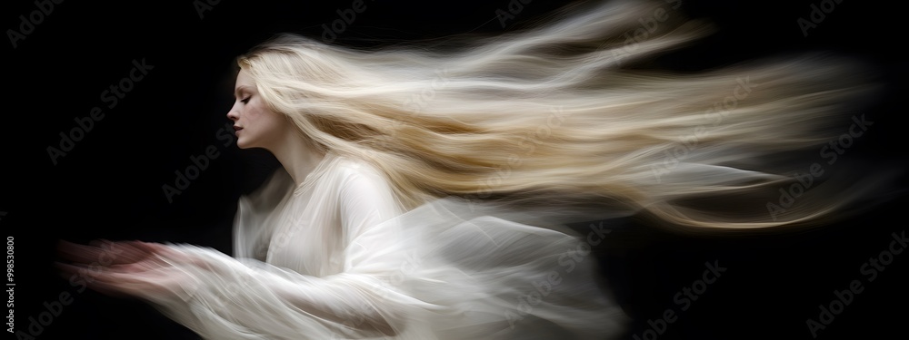 A close-up of the dancing blonde girl in white flowing fabric, her hair and swirling around like an elegant ballet on a black background A close-up of the dancing blonde girl in white flowing fabric, her hair and swirling around like an elegant ballet on a black background