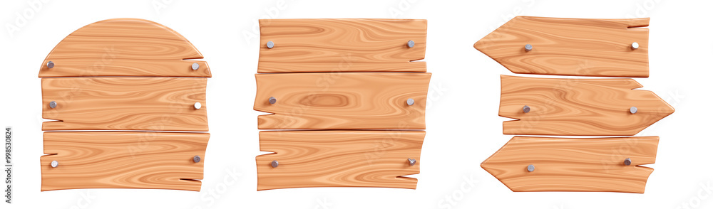 Wooden plaque set with cracks and nails for text box. Cartoon 3d render illustration of signboard with brown wood texture. Vintage rustic timber plank, nameplate or board frame with fracture. Wooden plaque set with cracks and nails for text box. Cartoon 3d render illustration of signboard with brown wood texture. Vintage rustic timber plank, nameplate or board frame with fracture.