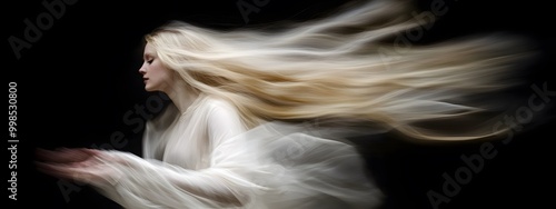 A close-up of the dancing blonde girl in white flowing fabric, her hair and swirling around like an elegant ballet on a black background