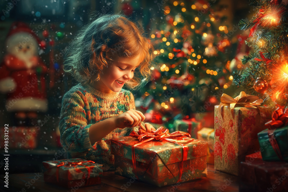 Joyful Child Wrapping Christmas Gifts by Tree - Holiday Season Family Tradition, Festive Atmosphere Joyful Child Wrapping Christmas Gifts by Tree - Holiday Season Family Tradition, Festive Atmosphere