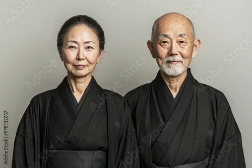 Elderly Japanese Couple Dressed in Traditional Black Kimono photo