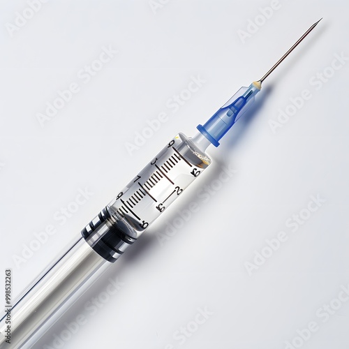 Sterile medical syringe with a transparent barrel and sharp needle filled with clear liquid, positioned on a clean white background. photo