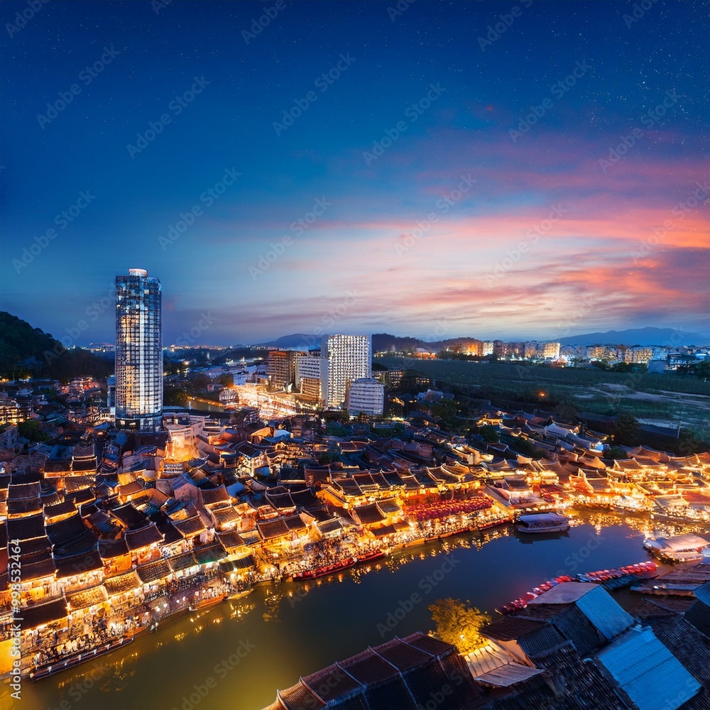 Fototapeta premium Asian town by night, AI generated