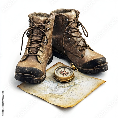 Weathered Hiking Boots With Map and Compass on Stark White Background