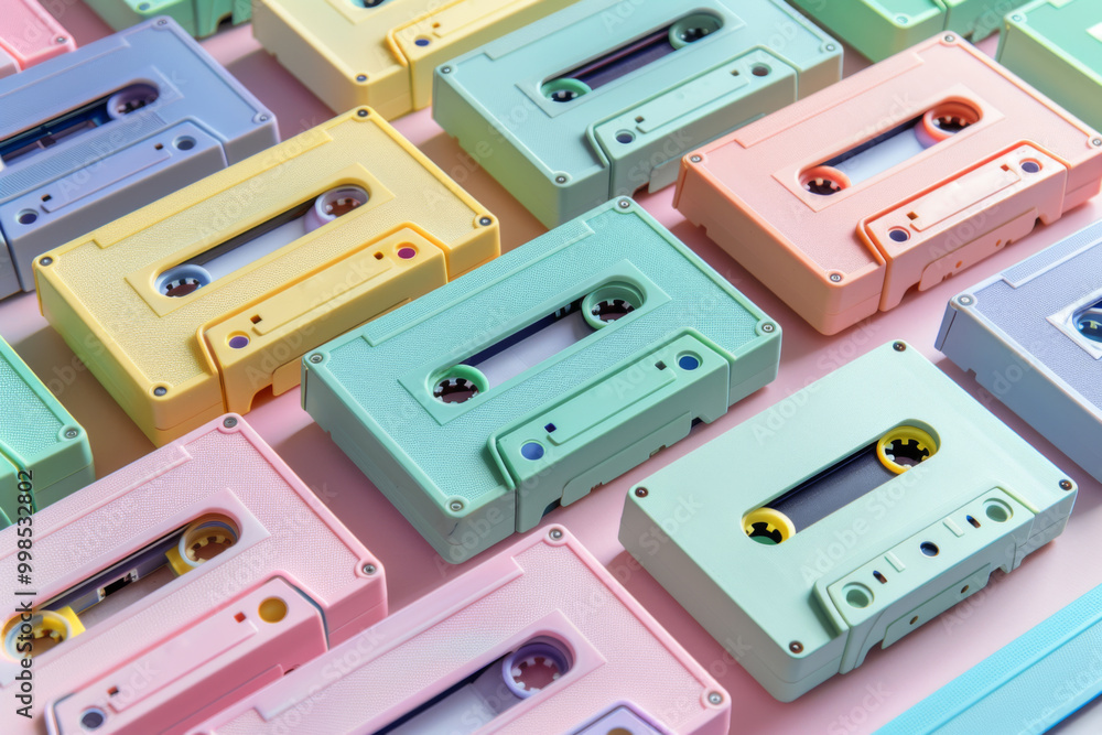 Cassette tapes pattern with pastel colorful covers arranged on pink background Cassette tapes pattern with pastel colorful covers arranged on pink background
