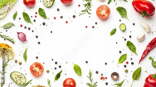 Concept of healthy eating. Frame of vegetables with text space. Various fruits and vegetables isolated on white background, top view, flat layout.