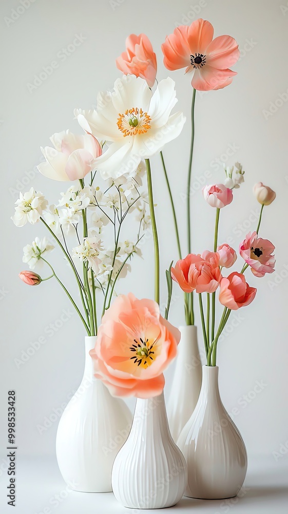 Spring floral arrangements in vases, placed on a clean, white background with ample room around the flowers for copy. Spring floral arrangements in vases, placed on a clean, white background with ample room around the flowers for copy.