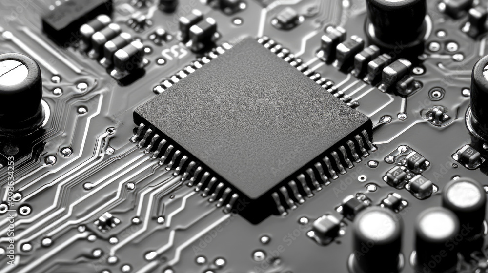 Fototapeta premium A detailed view of a microchip on a complex circuit board, showcasing electronic components arranged intricately in a tech environment