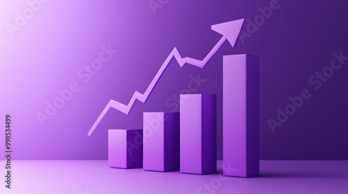 A purple background shows a 3D bar chart with an arrow pointing upwards. This represents growth and financial success, like a strong economy. photo