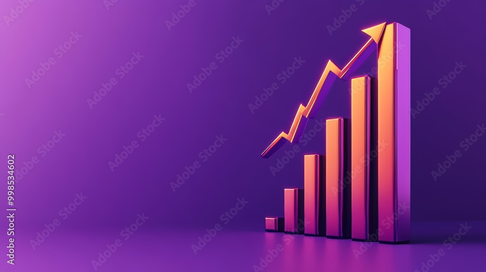 A purple background shows a 3D bar chart with an arrow pointing upwards. This represents growth and financial success, like a strong economy. A purple background shows a 3D bar chart with an arrow pointing upwards. This represents growth and financial success, like a strong economy.