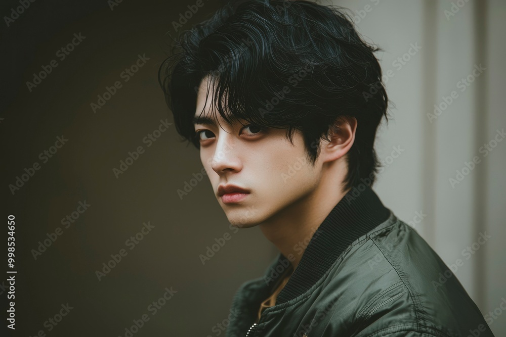 A Young Man with Black Hair and a Green Jacket A Young Man with Black Hair and a Green Jacket