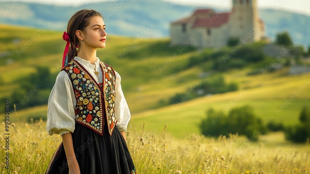 A woman in a traditional Serbian opanci and jelek, standing in a grassy meadow with a medieval monastery in the background. A woman in a traditional Serbian opanci and jelek, standing in a grassy meadow with a medieval monastery in the background.
