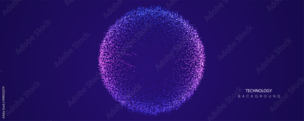 A.I. Technology particles banner. Dots explosion ai big data neon round background. Artificial Intelligence futuristic circles connect design.