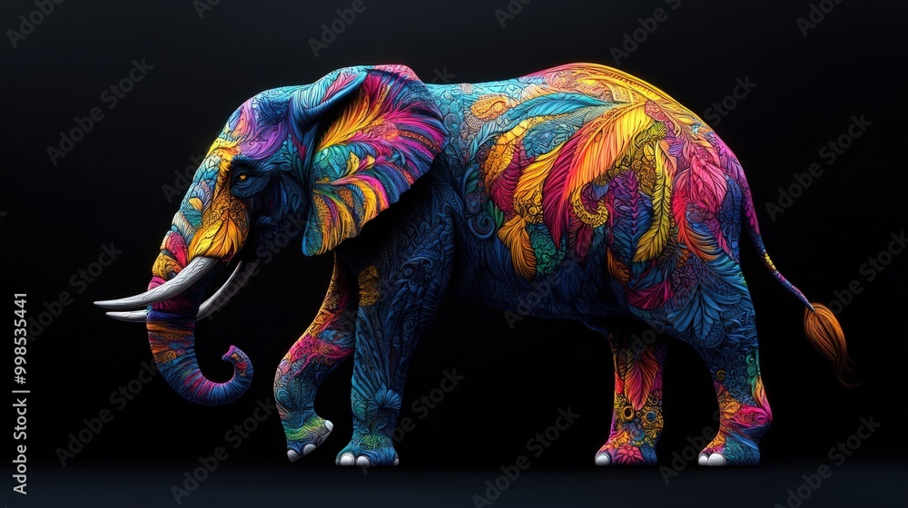 Fototapeta premium Colorful patterned elephant standing against a black background.