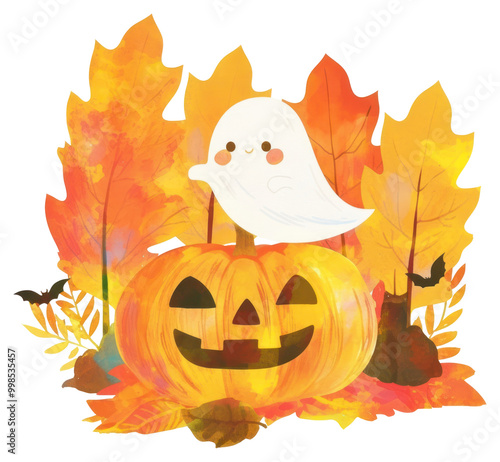 PNG White qhost illustration halloween pumpkin. photo