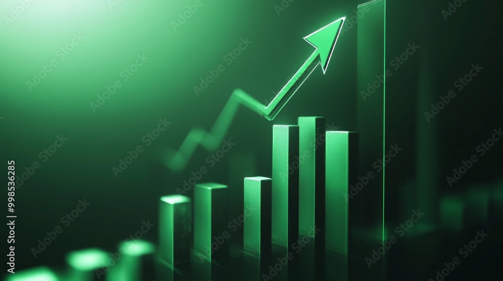 Fototapeta premium A purple background shows a 3D bar chart with an arrow pointing upwards. This represents growth and financial success, like a strong economy.