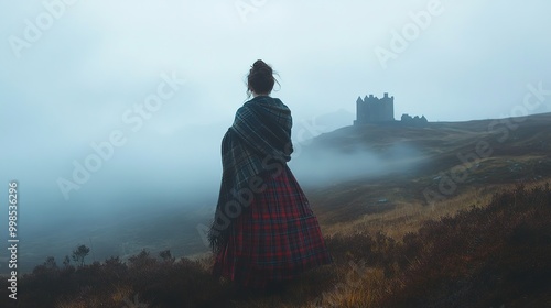 A woman in a traditional Scottish tartan dress, standing on a misty moorland with a castle in the distance. photo