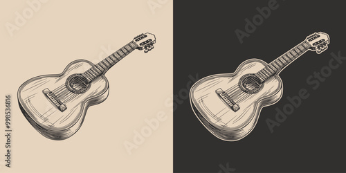 Vintage retro engraving woodcut style sketch draw paint of acoustic guitar music instrument. Monochrome sound rhythm device illustration
