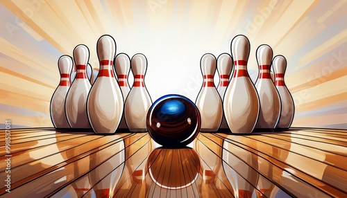 A bowling scene with a shiny blue ball rolling toward a set of pins, illuminated by radiant beams in a vibrant atmosphere.