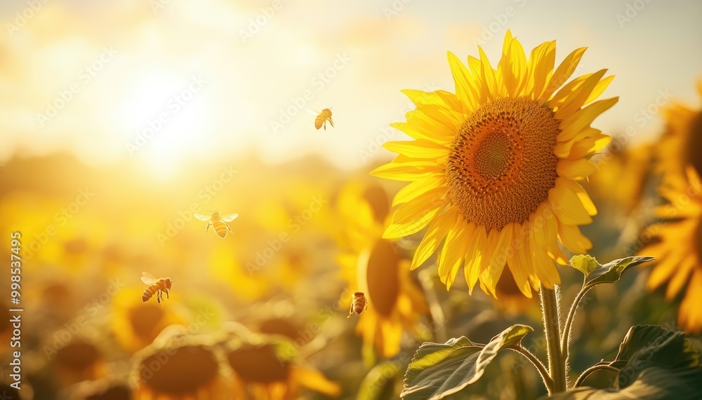 Obraz premium Sunflower Field with Bees in Bright Sunlight