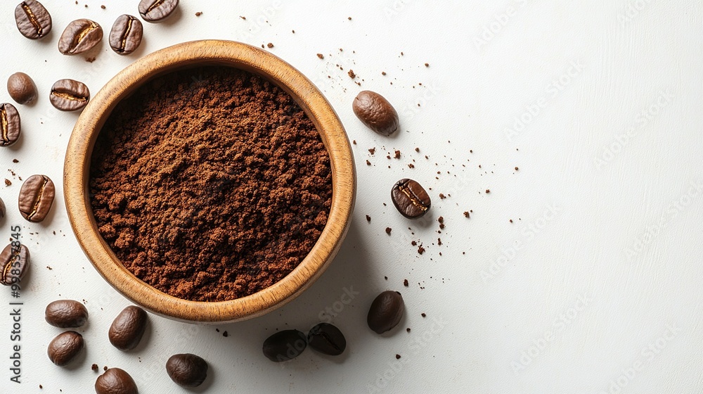Coffee Beans and Ground Coffee in a Wooden Bowl Coffee Beans and Ground Coffee in a Wooden Bowl