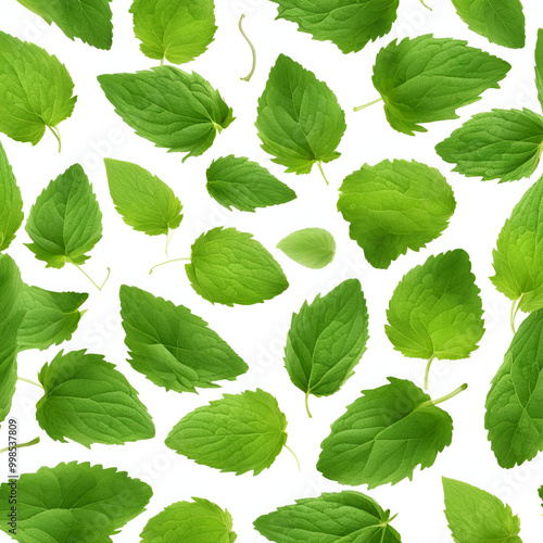 A pattern of fresh green mint leaves scattered on a white background, creating a vibrant and natural texture, ideal for culinary, botanical, and health-related designs.