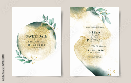 Elegant gold with emerald green watercolor wedding invitation card template. Gold background. Leaves watercolor decoration